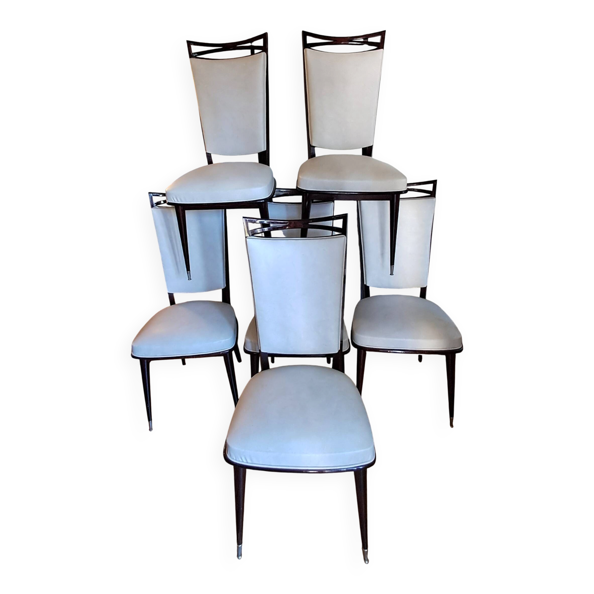 Set of 6 Art Deco chairs in solid mahogany and faux leather. Circa 1940.