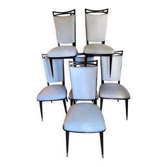 Set of 6 Art Deco chairs in solid mahogany and faux leather. Circa 1940.