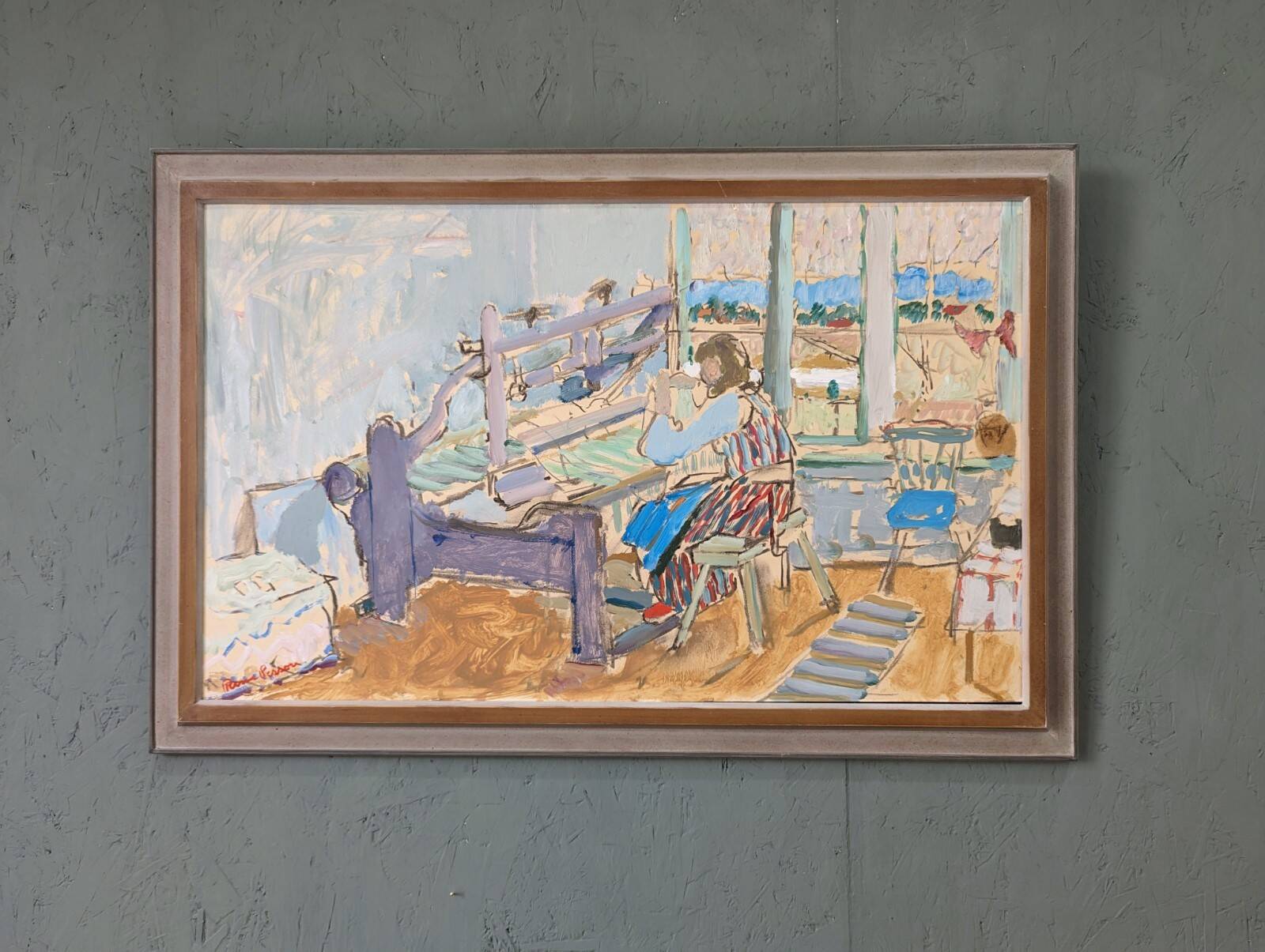 Mid-Century Modern "The Loom" Vintage Swedish Oil Painting, Figure in an Interior