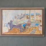 Peinture à l’huile suédoise vintage « The Loom » du milieu du siècle, figure dans un intérieur