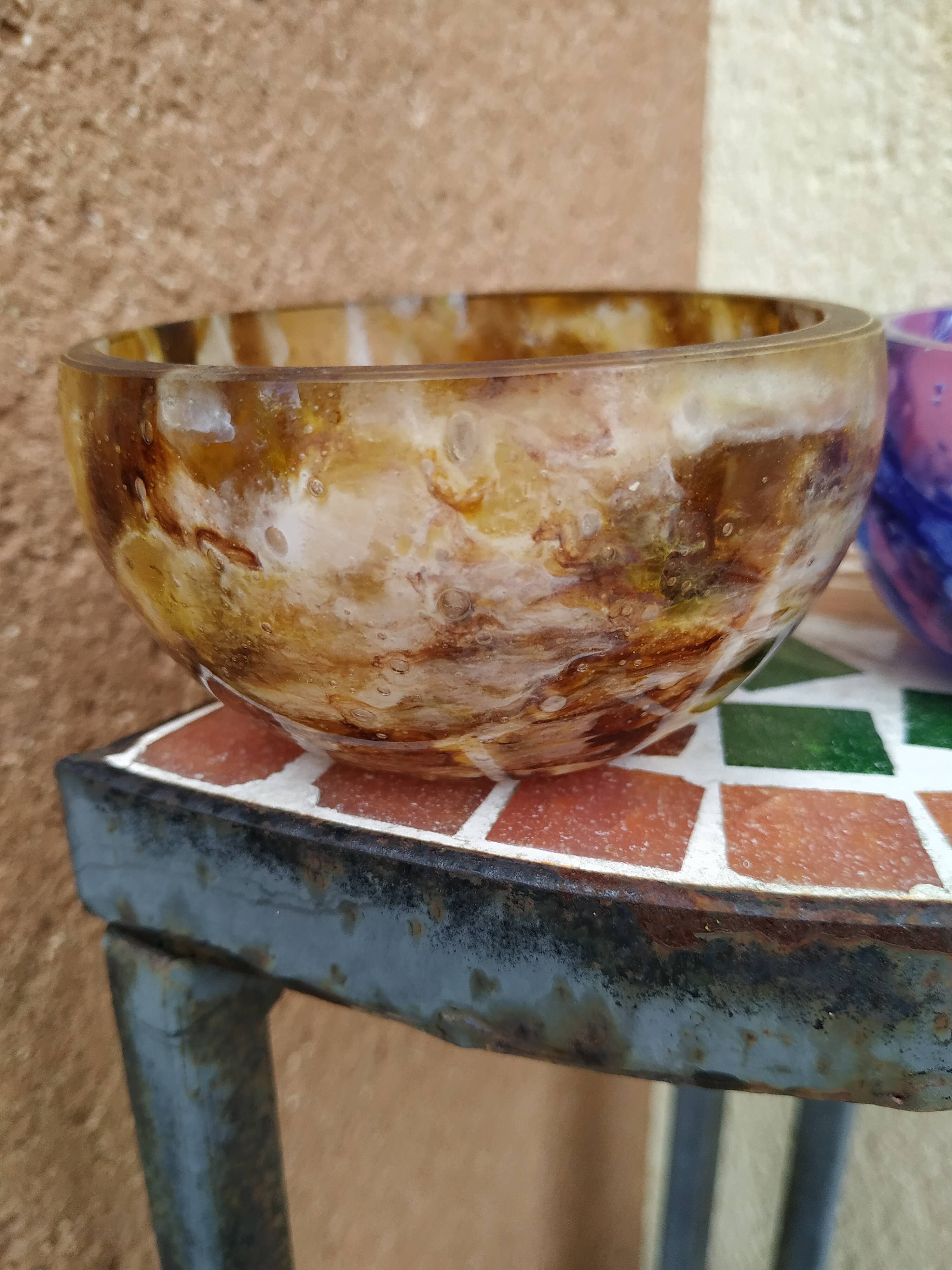 Set of Marmorean glass cups from Soisy Glassworks on school