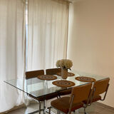 Design glass dining table & 4 vintage 70s/80s style chairs