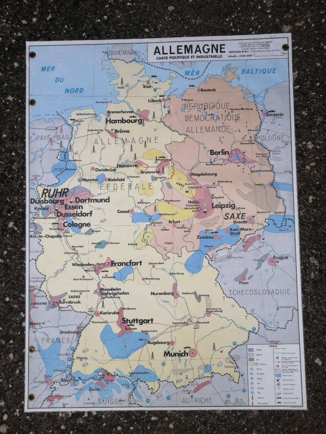 Old MDI Map of Germany Vintage Physical and Political.