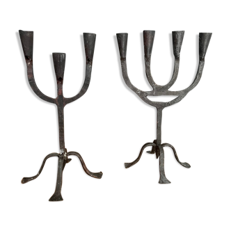 Pair of brutalist wrought iron candlesticks