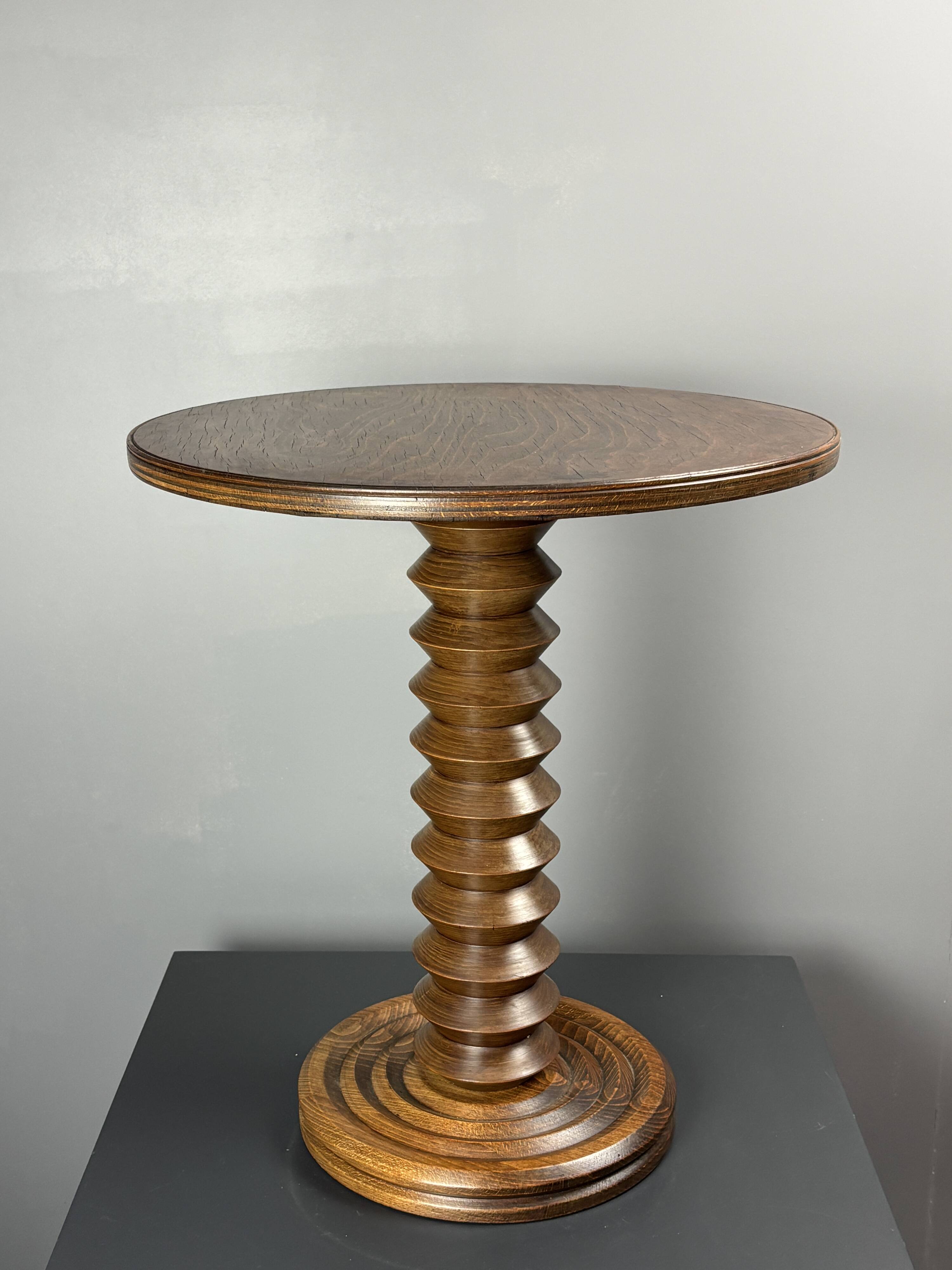 Midcentury brutalist wood turned side table in the style of Charles Dudouyt