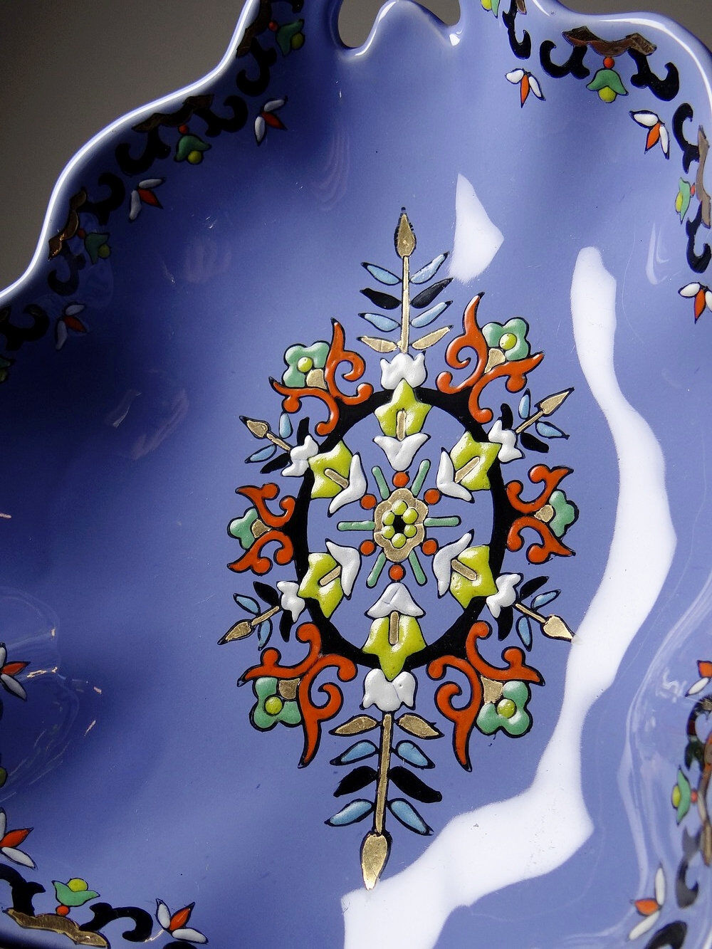 Vintage Chartres model faience and enamel pocket bowl from Longwy.