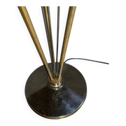 Vintage reed floor lamp in black metal and brass with three white opalines
