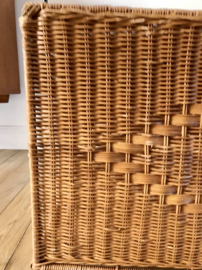 large wicker / rattan and black iron magazine rack from the 70s