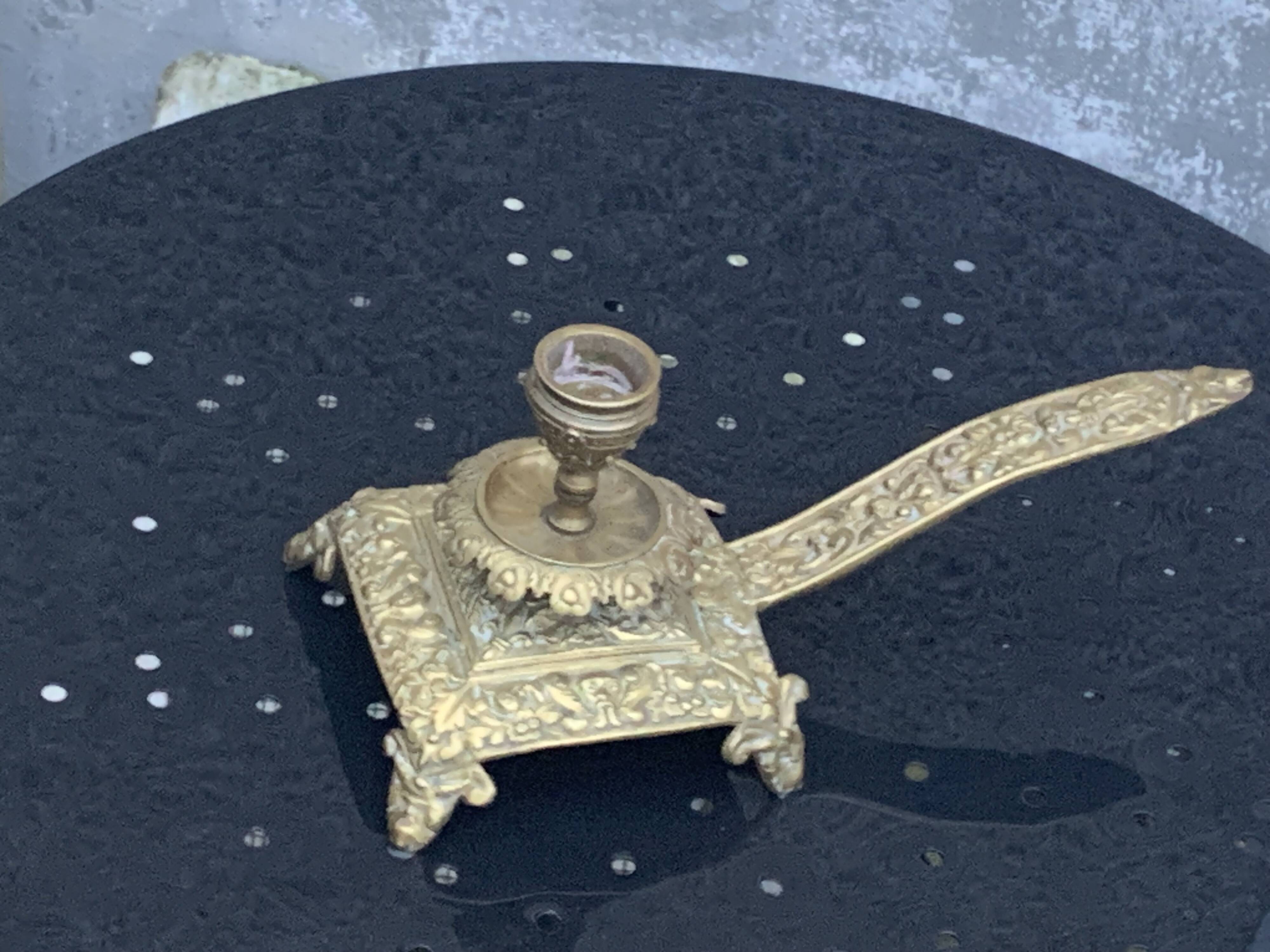 candle holder with handles, in vintage chiseled golden brass