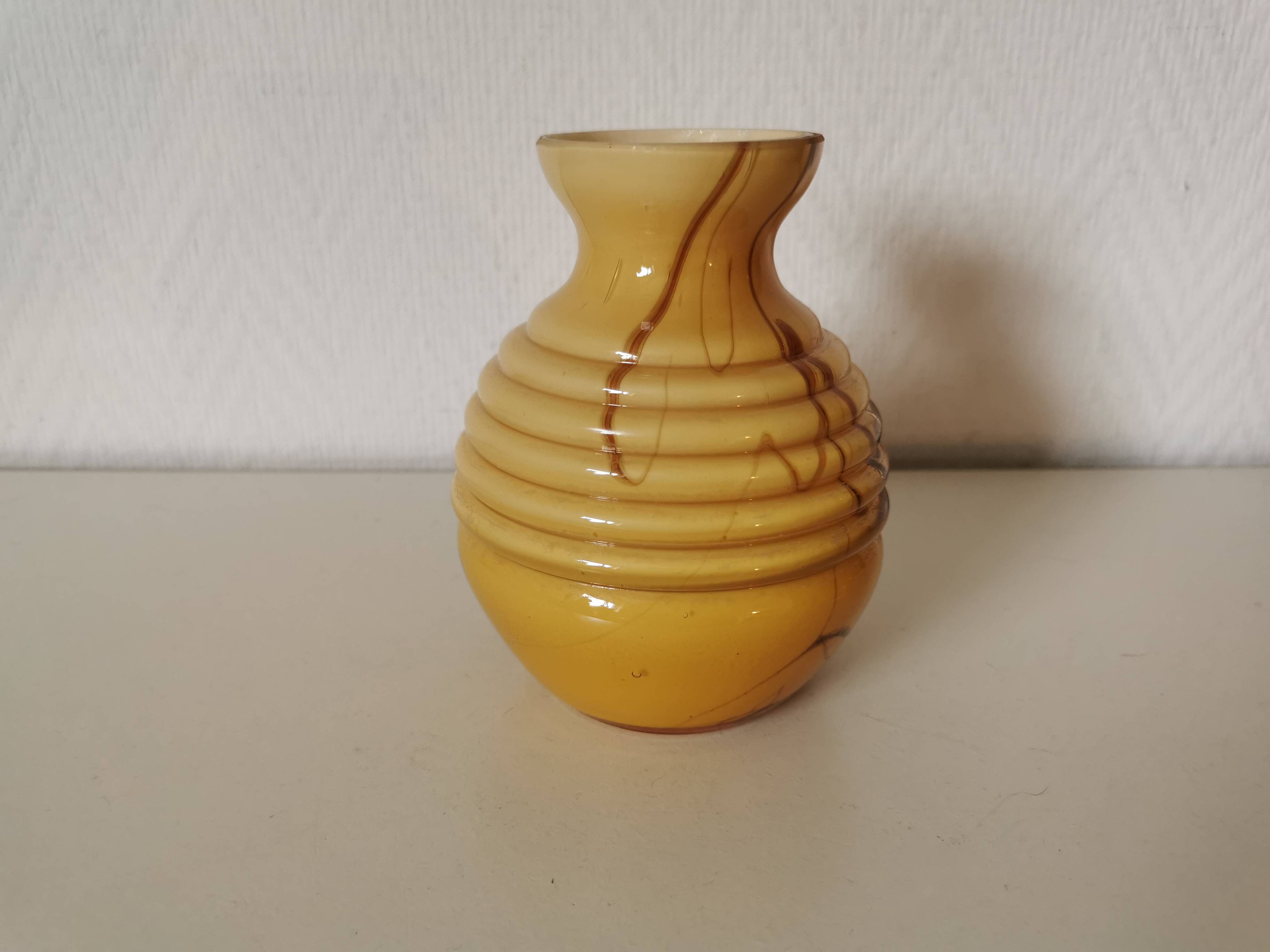 yellow and beige opaline vase from the 1950s