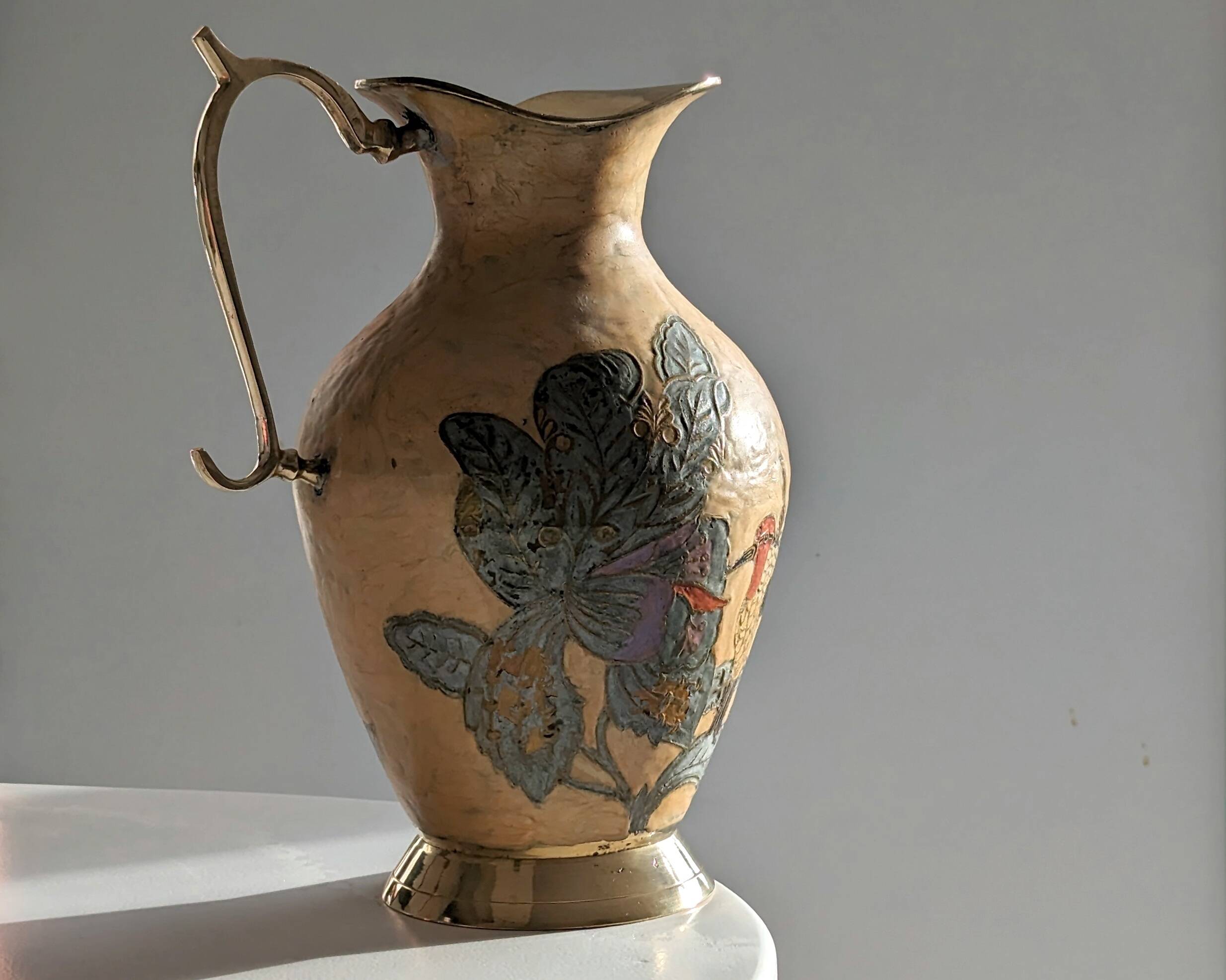 Pitcher, Hand painted brass jug
