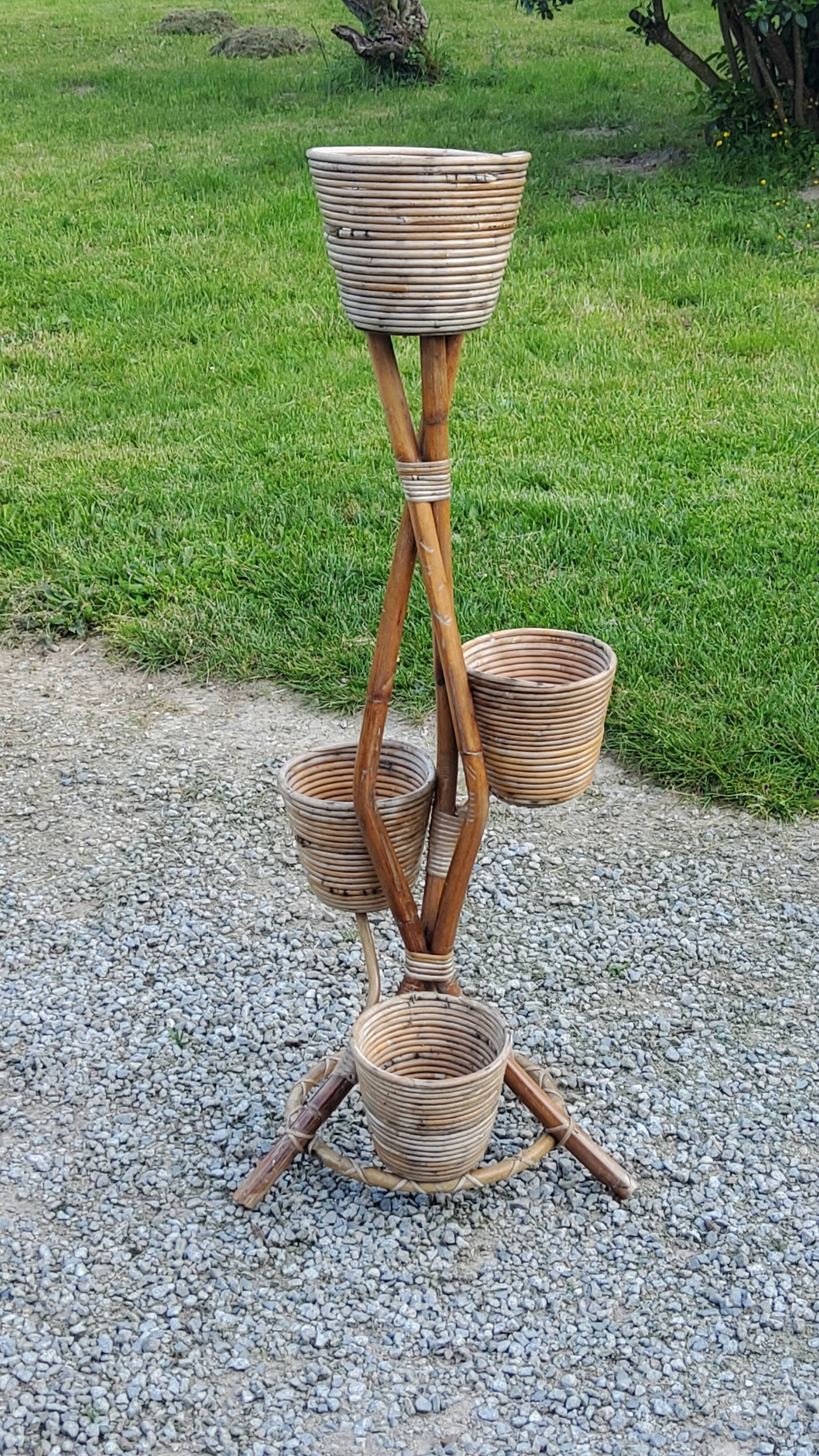Rattan and bamboo plant holder from the 50s
