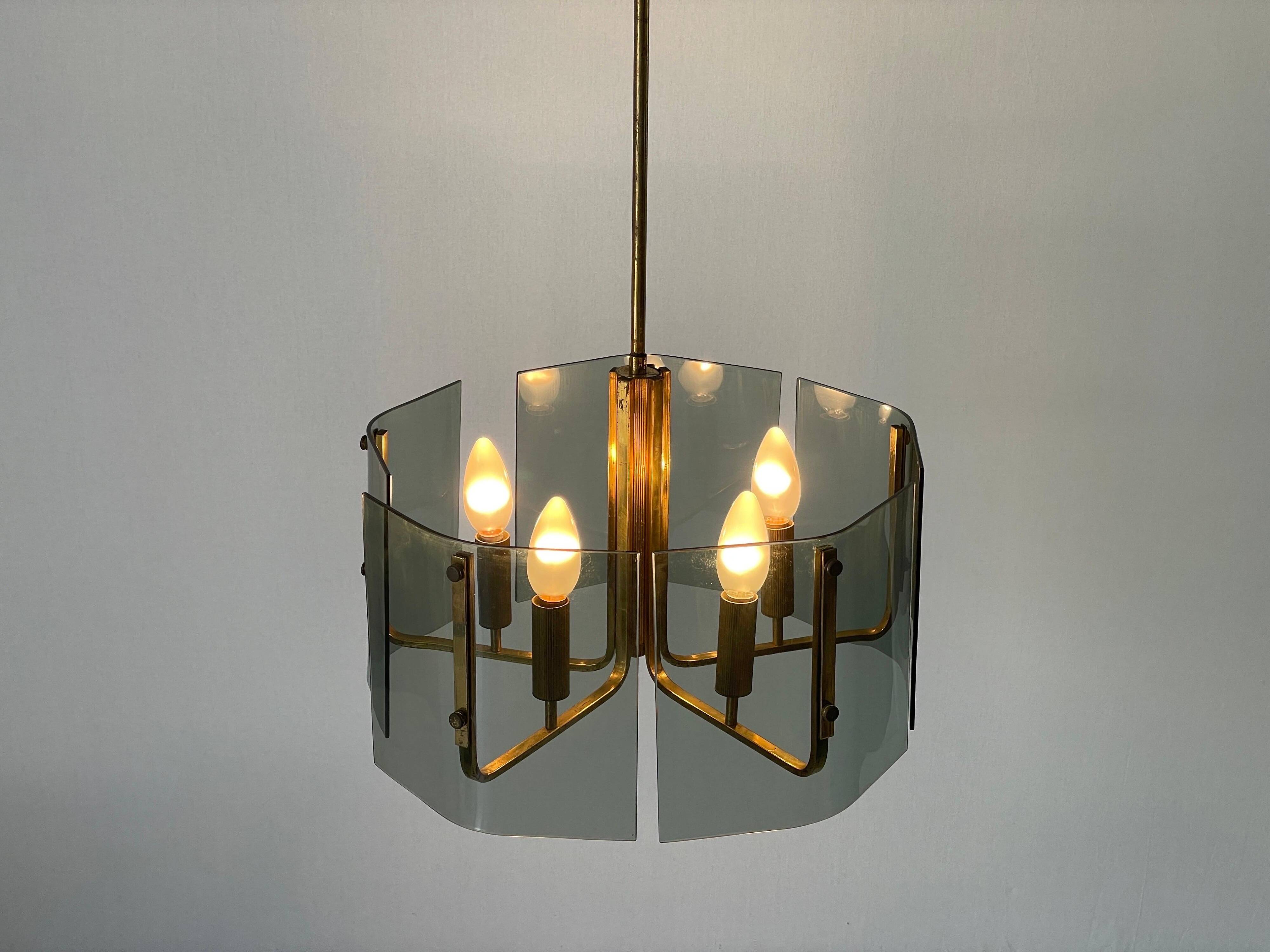 Grey glass chandelier with a brass body, 1960, Italy