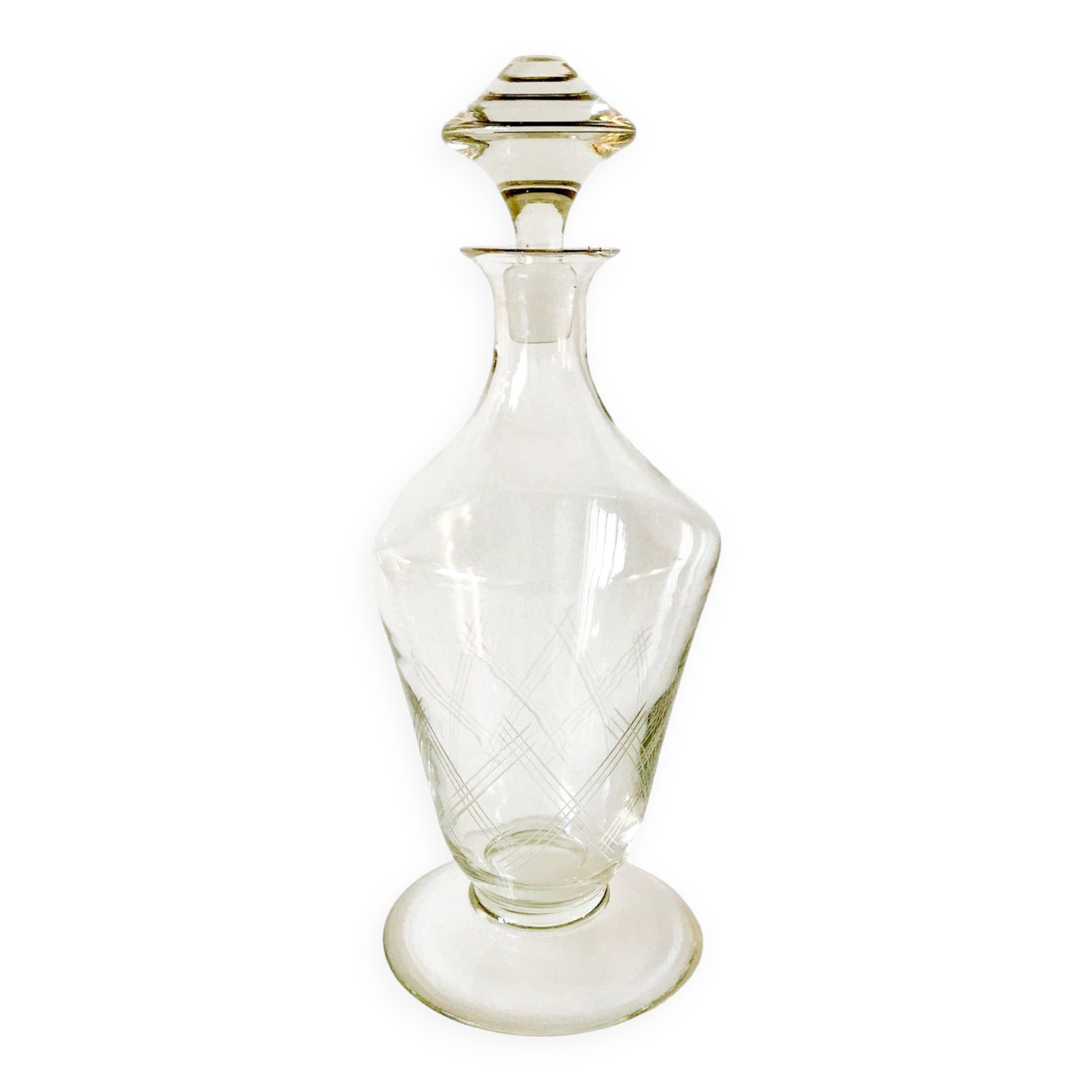 large engraved glass wine carafe from the 1950s