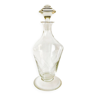 large engraved glass wine carafe from the 1950s