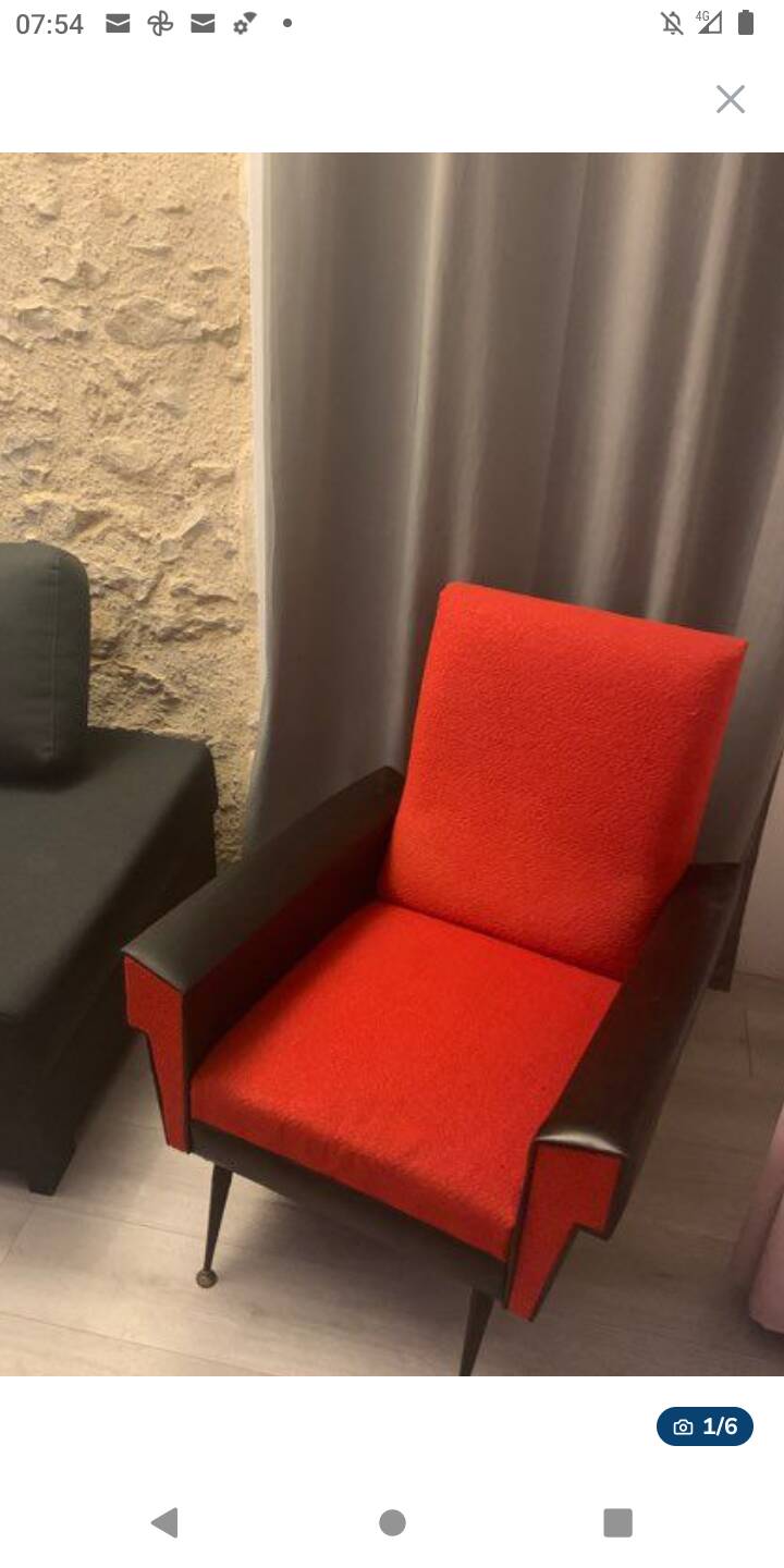 Brussels style armchair from the 50s/70s in faux leather and wool.