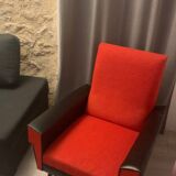 Brussels style armchair from the 50s/70s in faux leather and wool.