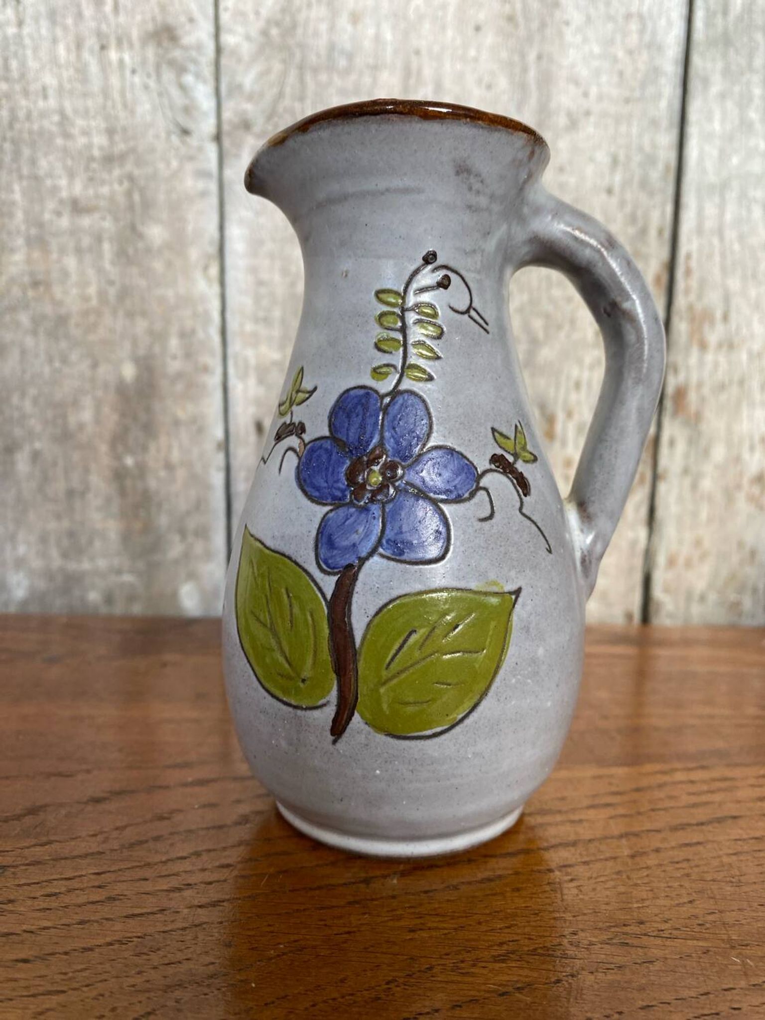 Antique grey enameled terracotta pitcher flower decor vintage kitchen