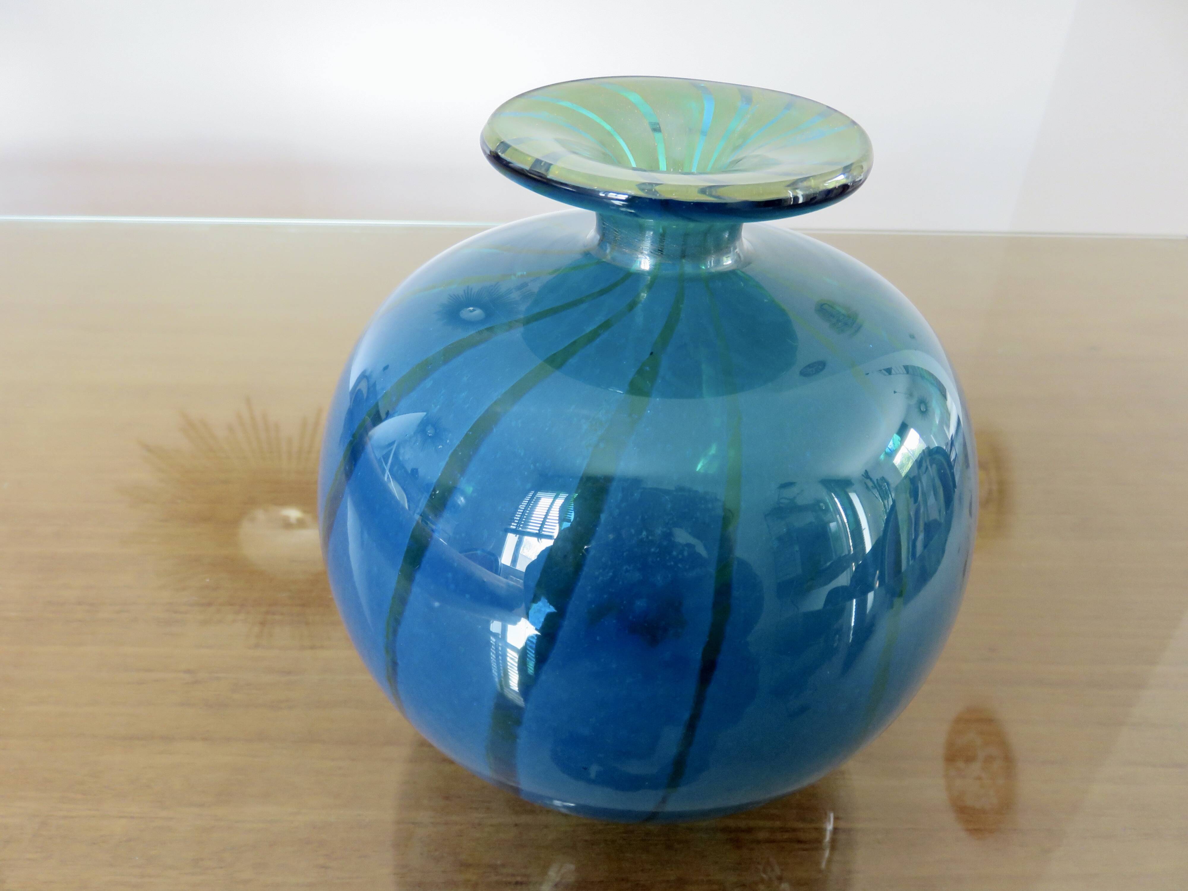 Ball vase, Mdina, Malta, signed, in blue blown glass, year 1983