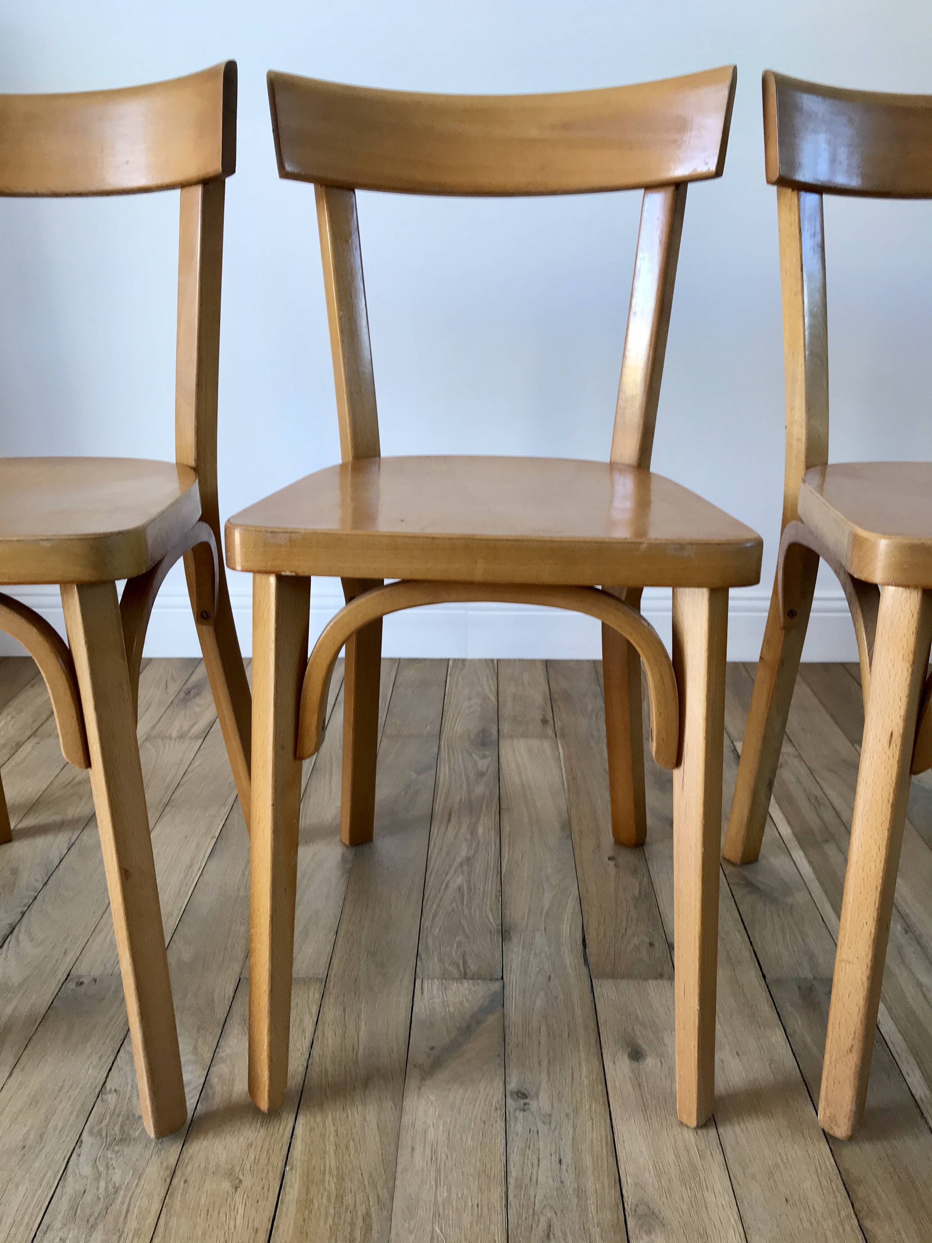 Set of 4 baumann bistro chairs in blond wood / honey stamped 40-50 years