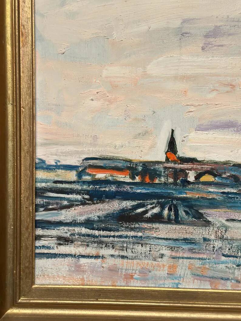 Original Swedish Oil on Panel – "Uppsala" by Gusten Widerbäck – Signed – Dated 1965 (on the back) – Framed – 38 × 43 cm
