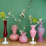 Set of 5 antique vases/soliflores in opaline and pink and red glass.
