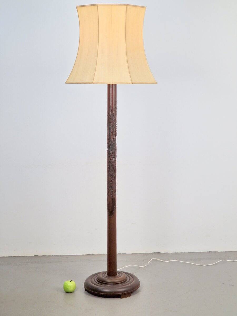 Art Deco Asian Style Carved Wood Floor Lamp, 1930s