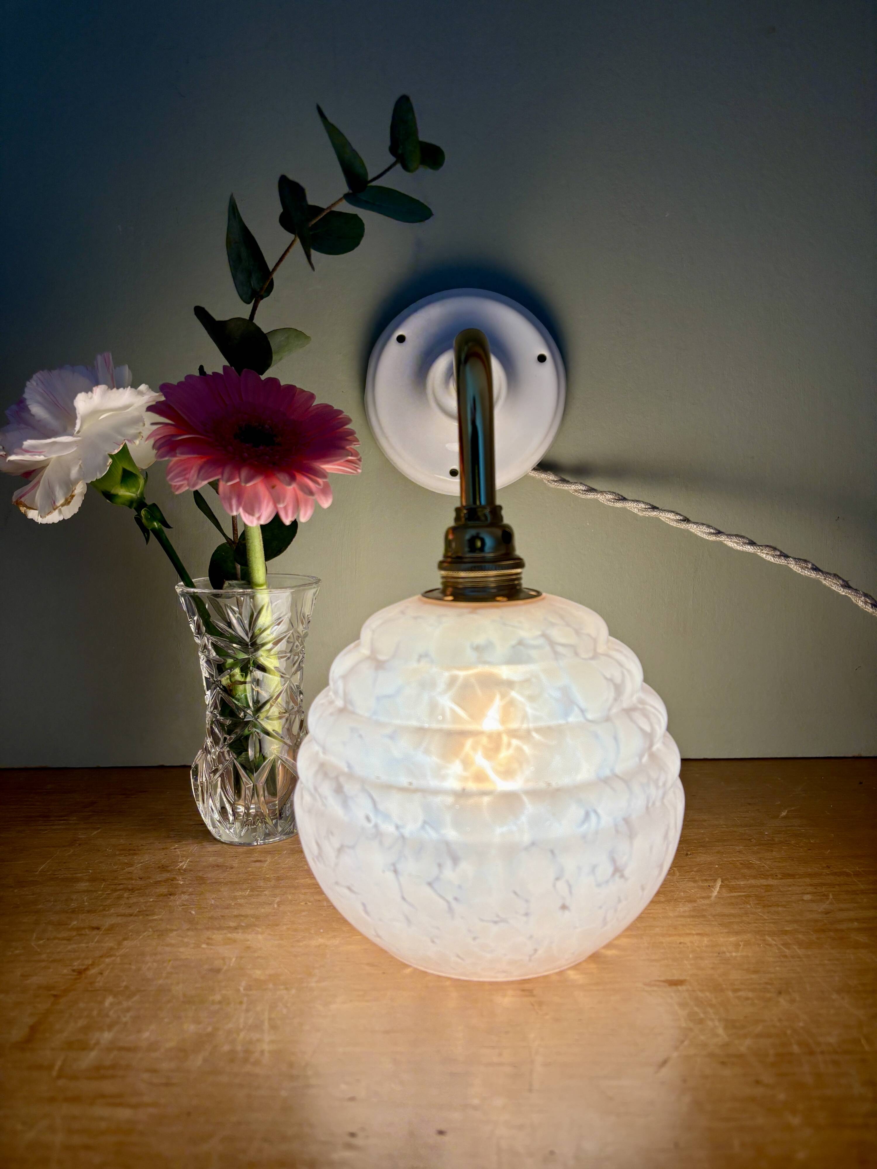 Vintage angled globe wall light in pink Clichy glass