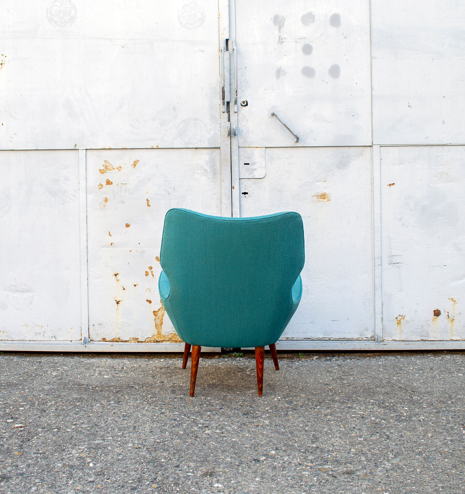 Pair of armchairs with wooden structure and padding covered in Italian fabric 50s