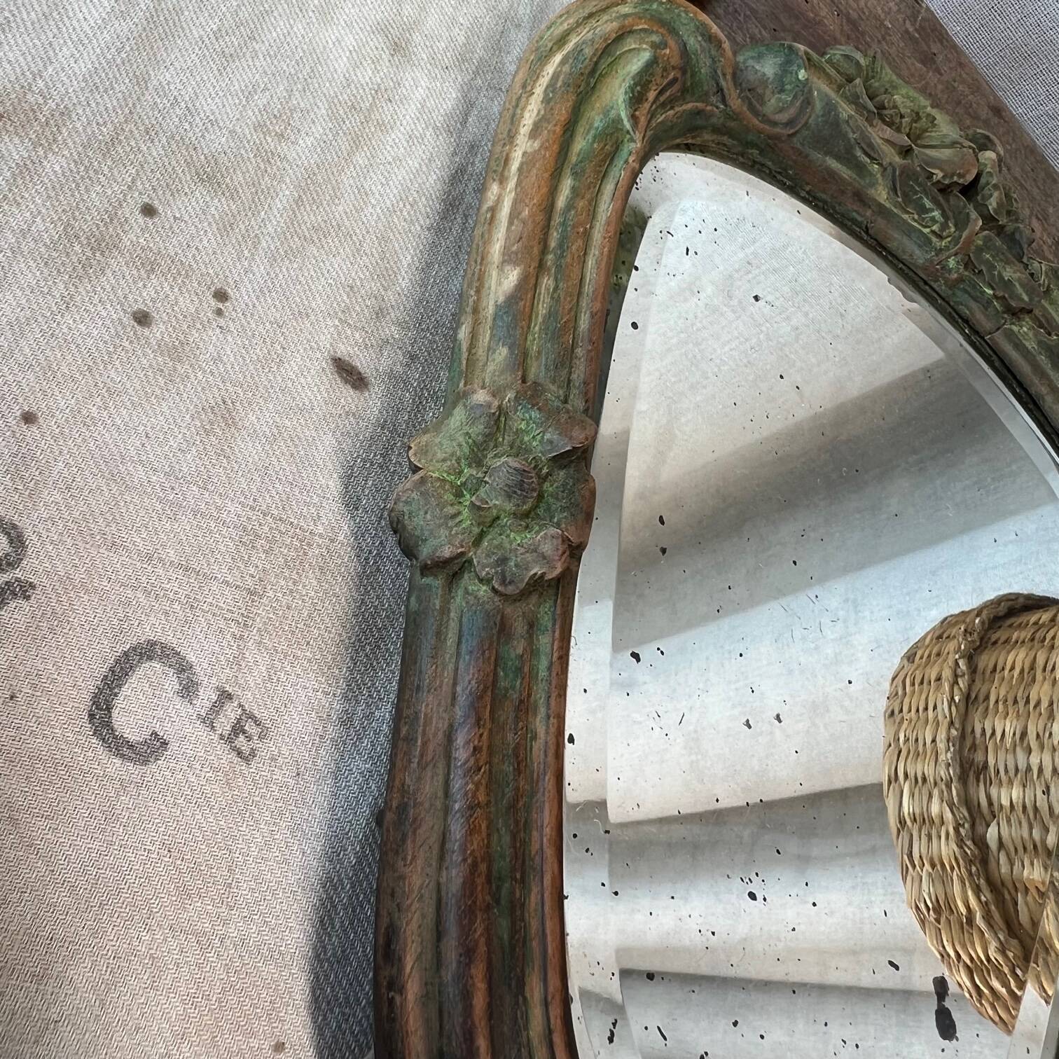 Wooden “hand-held” mirror with MB initials