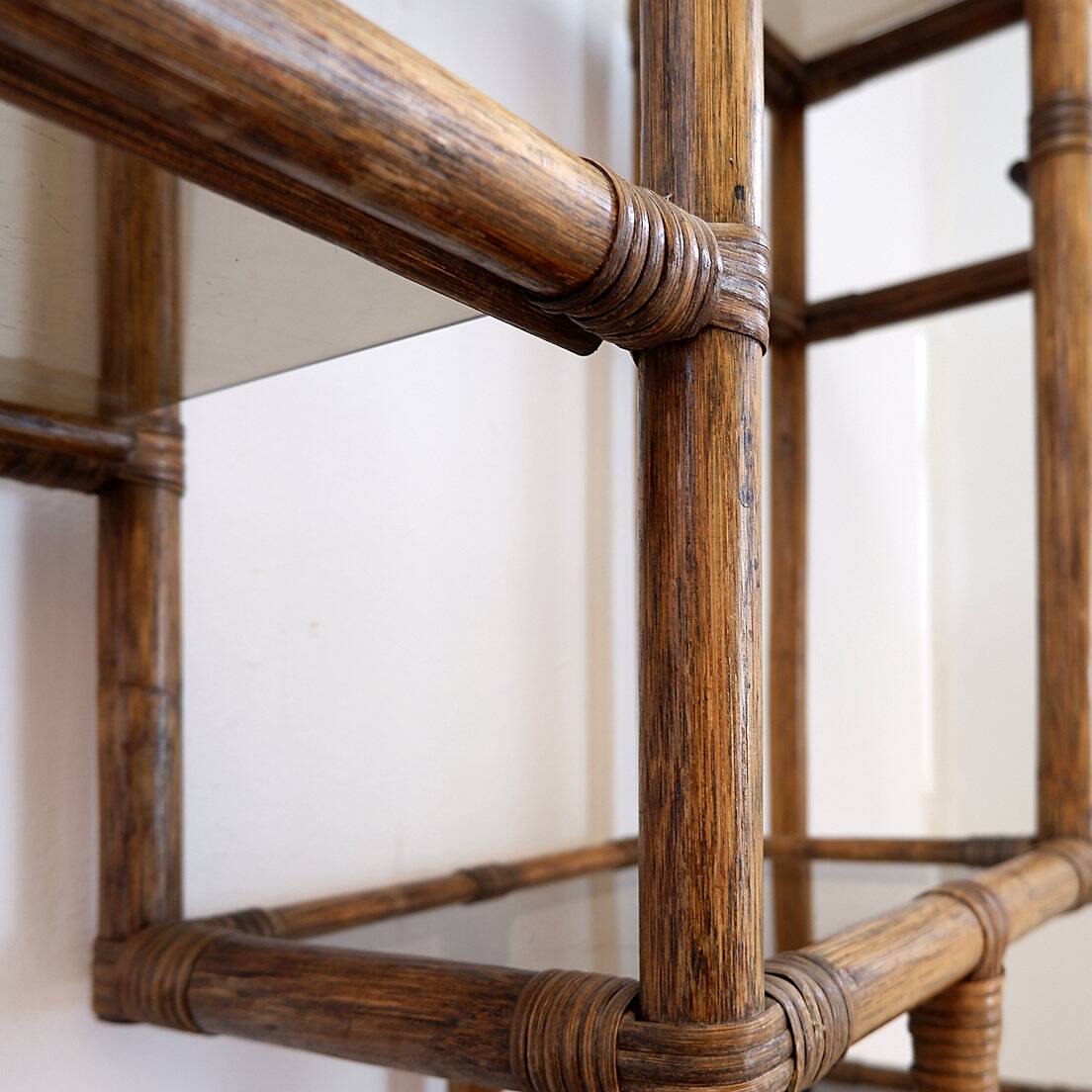 Asymmetrical bamboo and smoked glass shelf - 1970s