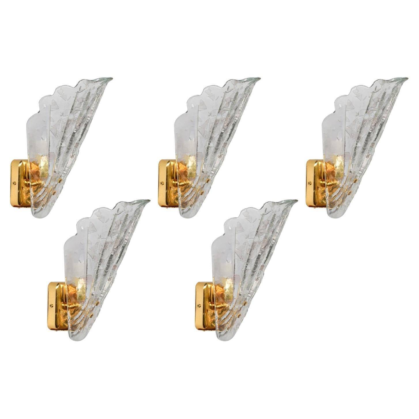 Set of 5 Vintage Italian Murano Glass Wall Lamps, Gold Plated, 1970s