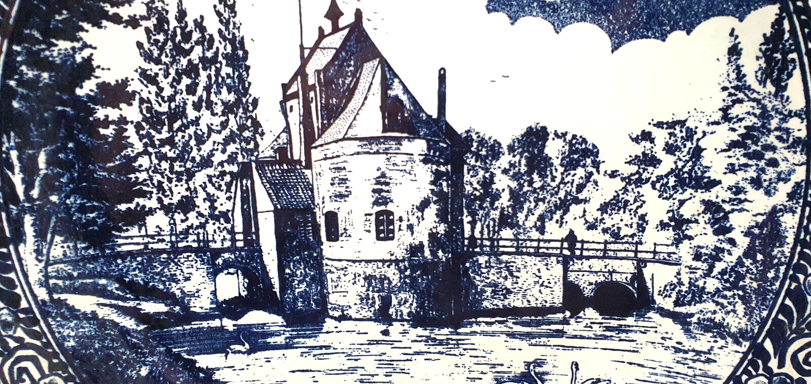 Large decorative plate decorations blue landscape diameter 40 cm