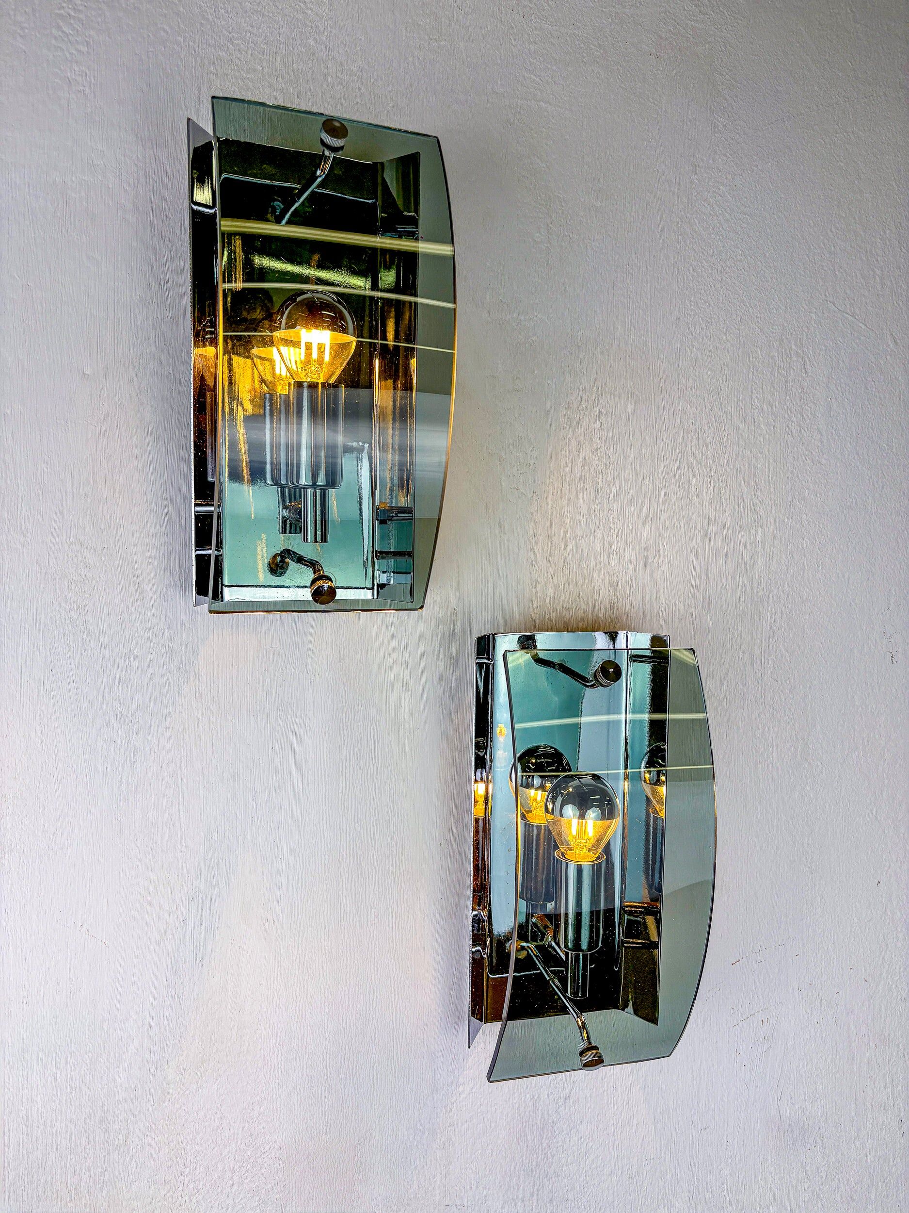 Pair of Veca wall lamps, green Murano glass, Italy, circa 1970s