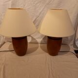 Pair of bedside lamps, varnished wooden foot, art deco spirit, 1980s/1990s