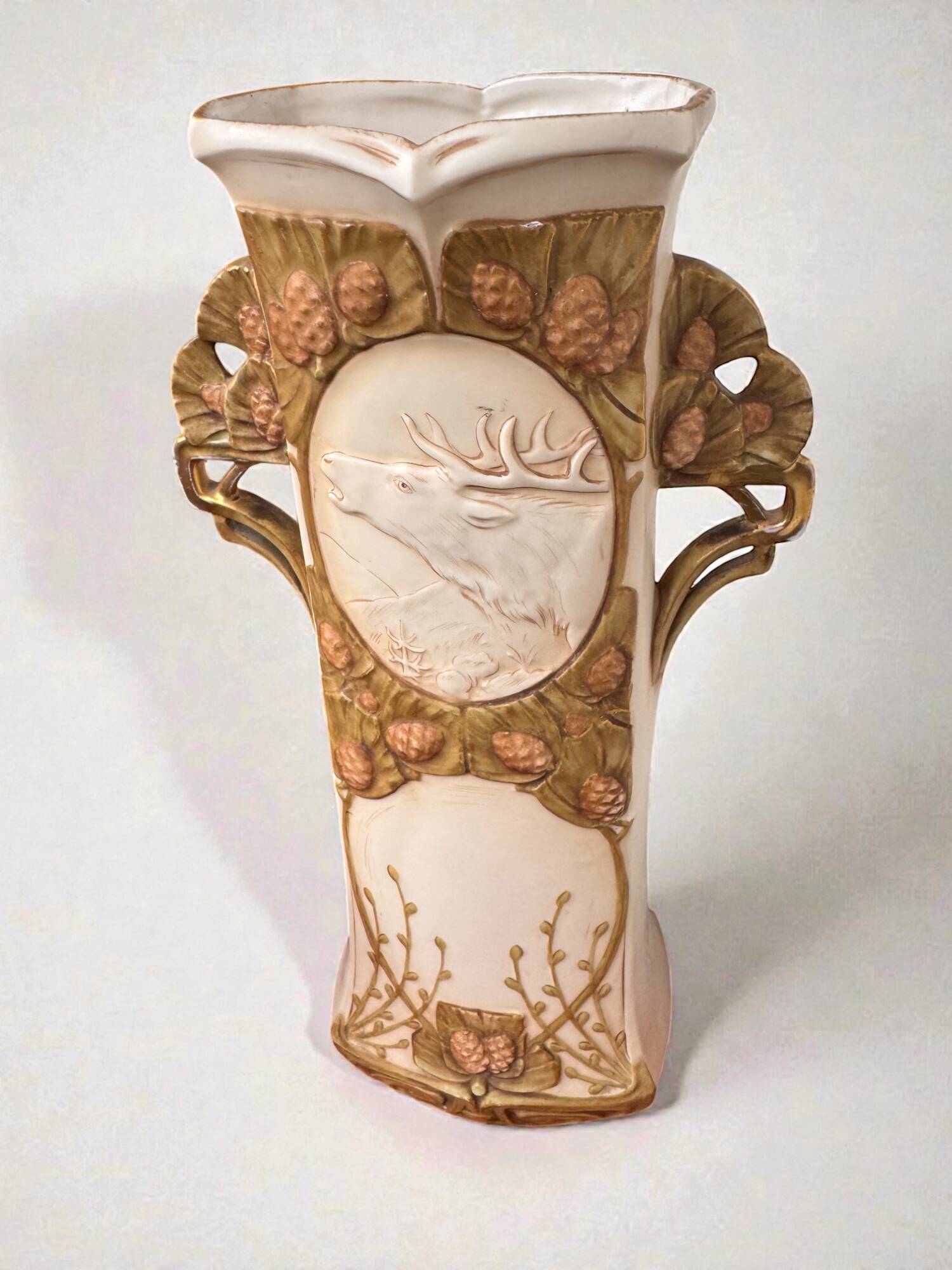 Art Nouveau vase Royal Dux Bohemia, sculpted deer, 1900s