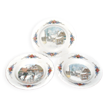 Sarreguemines set of 3 antique plates Obernai decor Loux 4 flowers