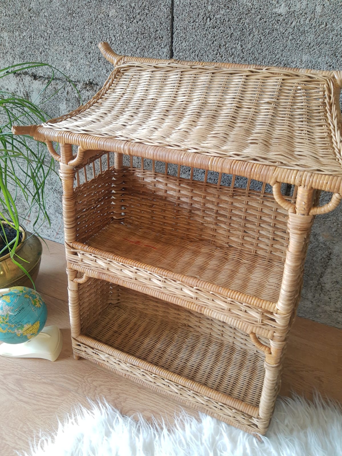 Wall shelf or to be placed in unique Japanese style rattan vintage pagoda