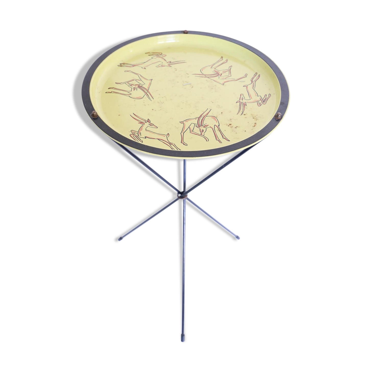 Black and yellow enamelled metal table, vintage, African Antelope motif, 1960