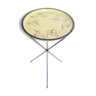 Table tripode métal émaillé jaune et noir, vintage, motif africain antilope, 1960