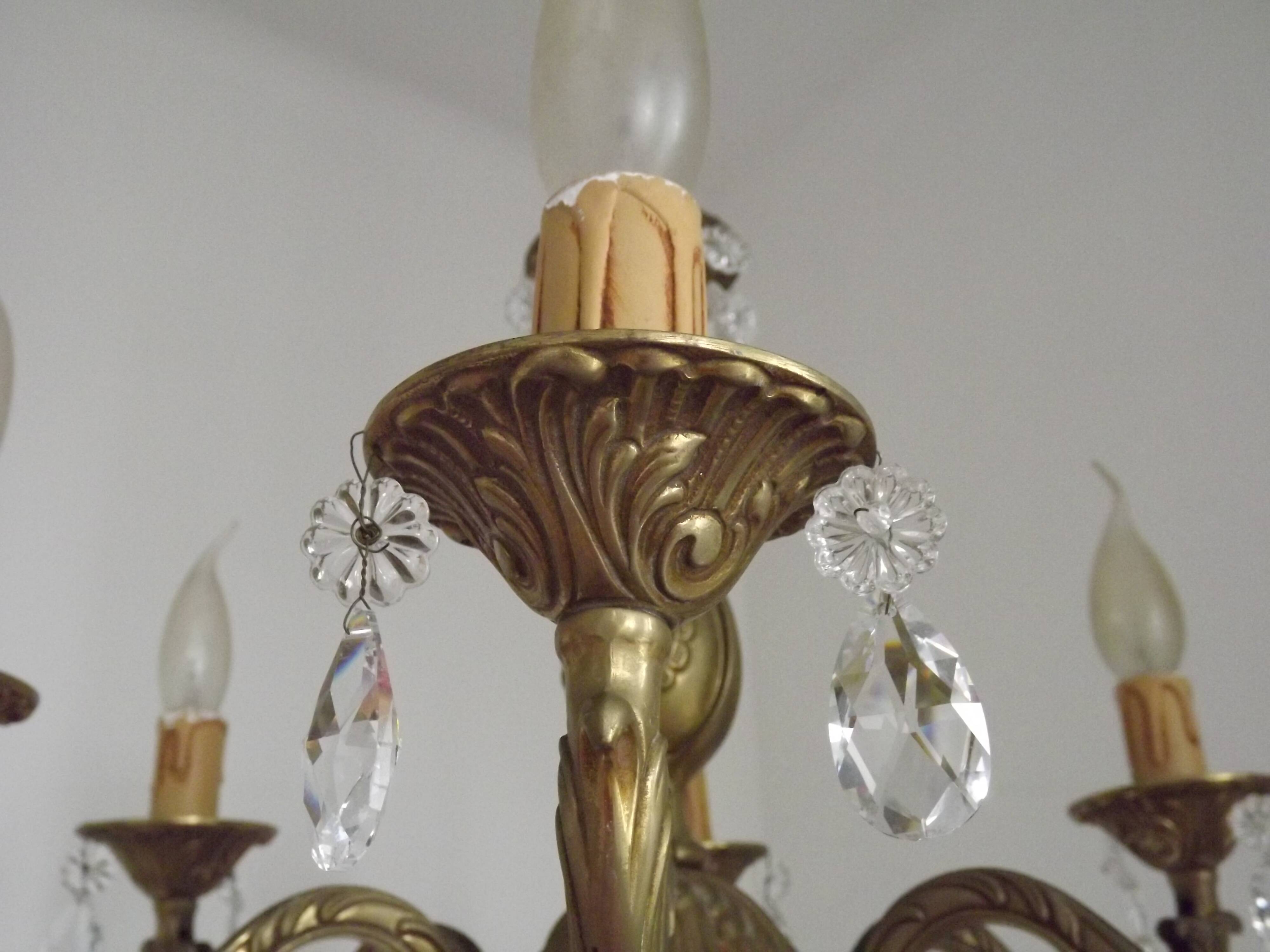 French Mid-Century Bronze 6-Light Chandelier with Crystal Droplets 5491