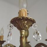French Mid-Century Bronze 6-Light Chandelier with Crystal Droplets 5491