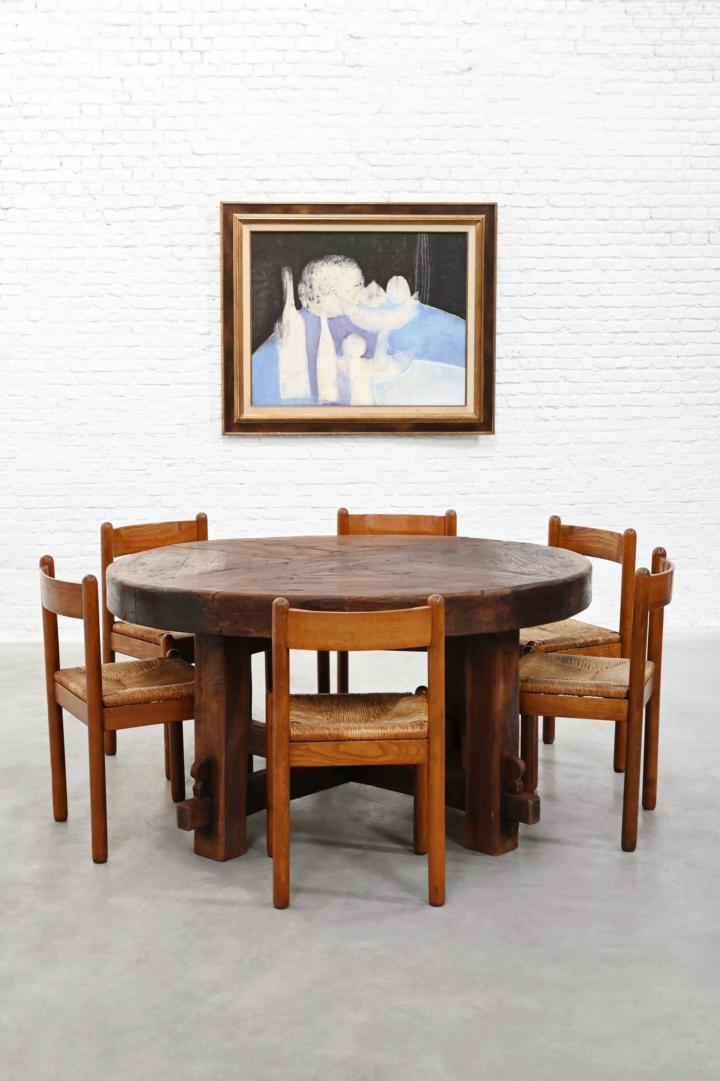 Set of six French oak dining chairs with rush seats, 1970s