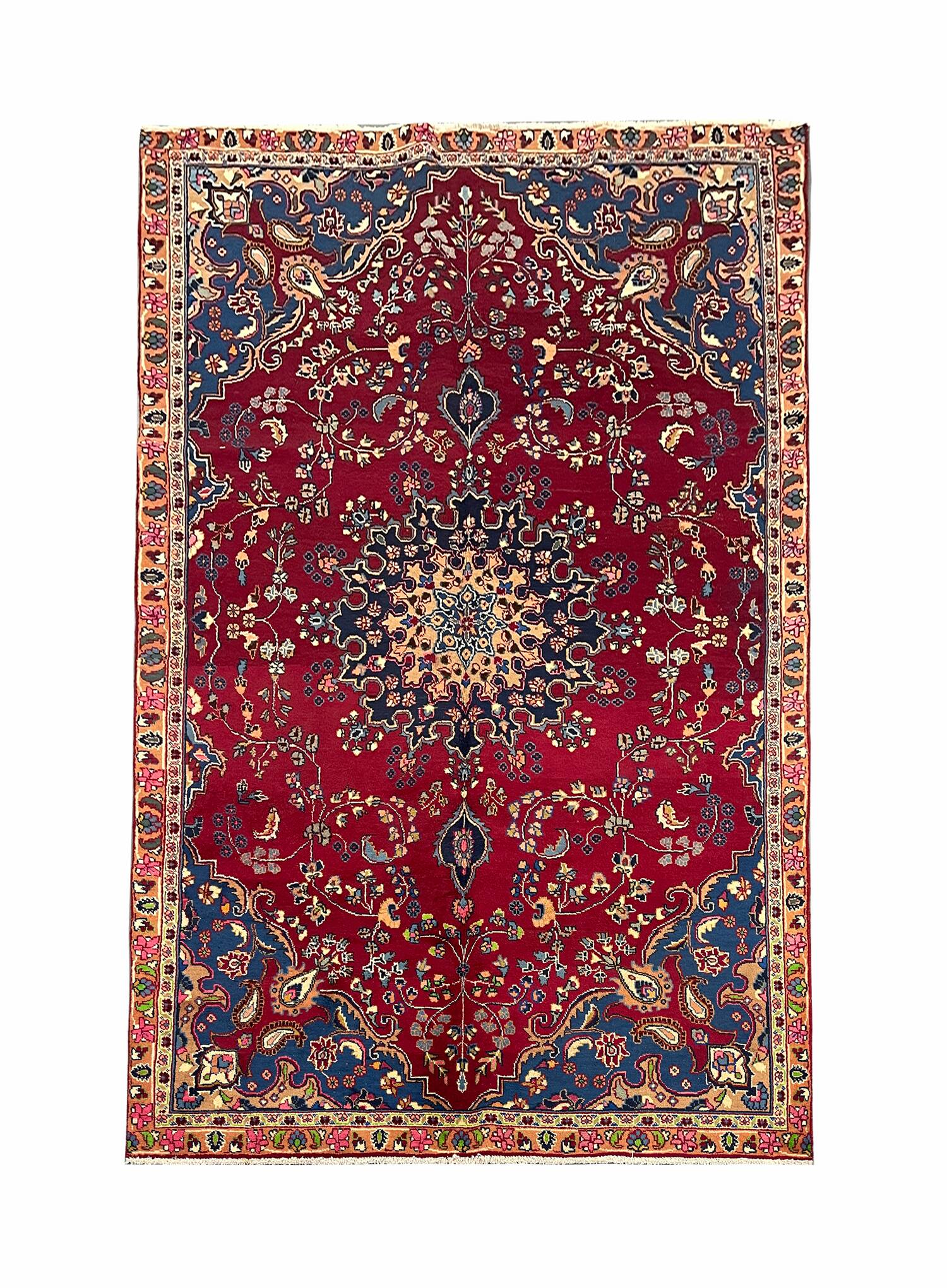 Handmade oriental red blue wool rug - 264x355cm
