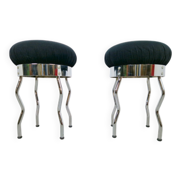 Vintage Uri Stools with Waved Chrome Legs and Black Seats by Per Ivar Ledang for Ikea, 1995, Set of 2