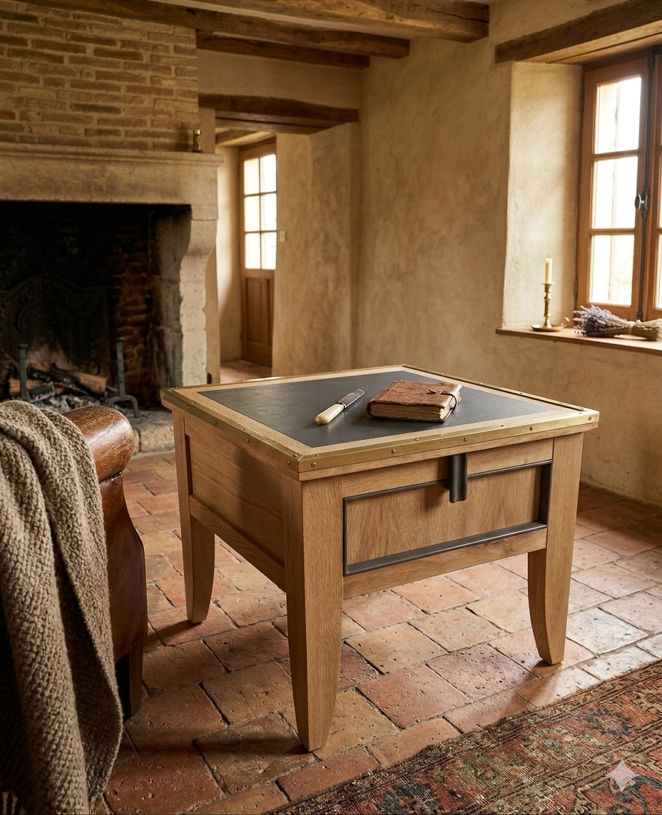 Table d'appoint, coffre en chêne massif