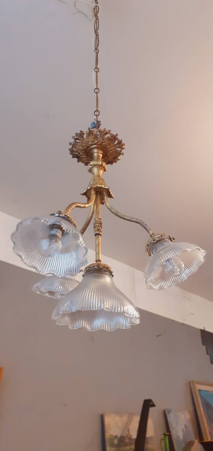 Chandelier in gilded bronze late 19th century around 1900 holophane glassware