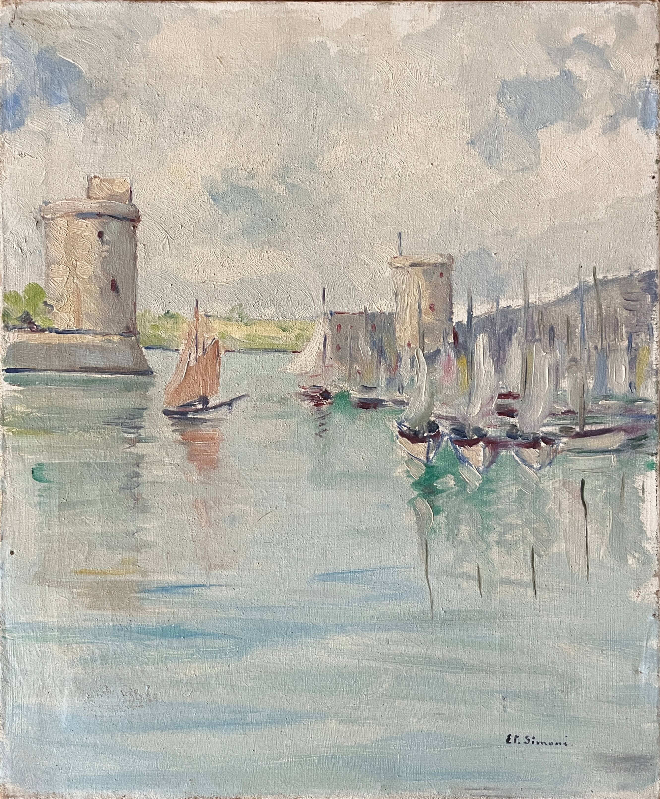 HST painting The Port of La Rochelle Post-impressionist 1900 signed Et. Simoni
