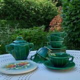 Iridescent green tea or coffee service in Lunéville K&G earthenware. 6 cups and an Art Deco sugar bowl