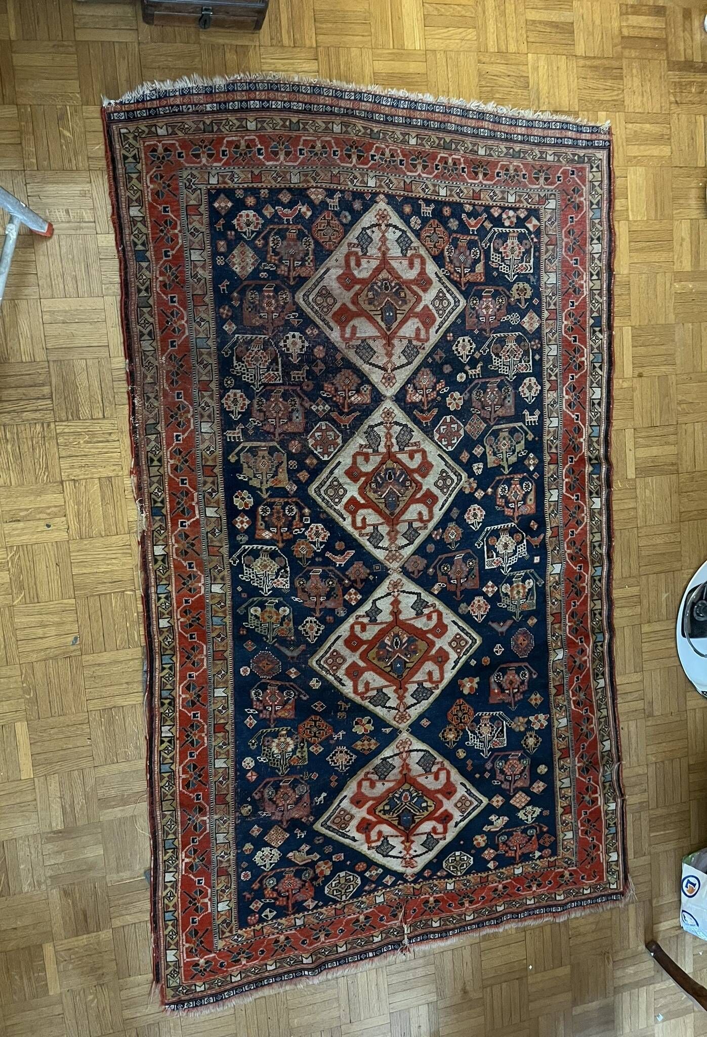 Antique handmade Persian Qashqai nomadic rug – blue background 94x112cm